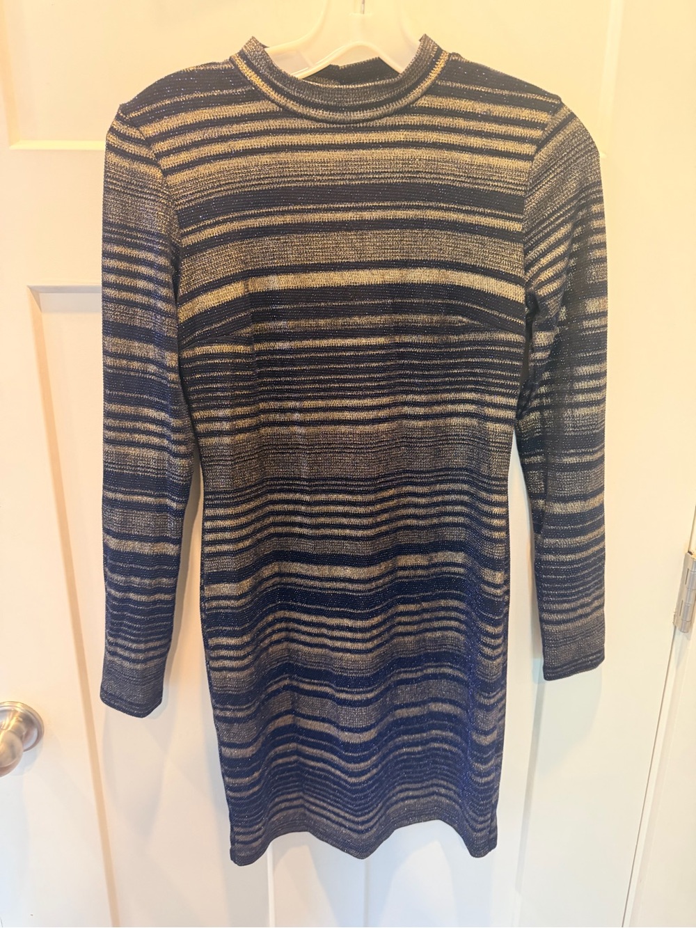 NWT Topshop Navy Gold Metallic Stripe Knit Bodycon Mini Dress US 6